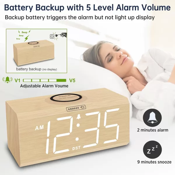 DreamSky Wooden Digital Alarm Clock with Wireless Charging for Bedroom Bedside Nightstand Clock with Charger Station USB Port Large Numbers Adjustable Volume Brightness Dimmer DSTBamboo