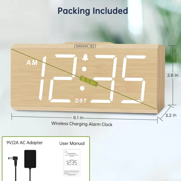 DreamSky Wooden Digital Alarm Clock with Wireless Charging for Bedroom Bedside Nightstand Clock with Charger Station USB Port Large Numbers Adjustable Volume Brightness Dimmer DSTBamboo