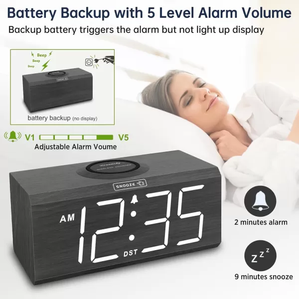 DreamSky Wooden Digital Alarm Clock with Wireless Charging for Bedroom Bedside Nightstand Clock with Charger Station USB Port Large Numbers Adjustable Volume Brightness Dimmer DSTBlack