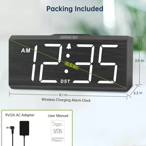 DreamSky Wooden Digital Alarm Clock with Wireless Charging for Bedroom Bedside Nightstand Clock with Charger Station USB Port Large Numbers Adjustable Volume Brightness Dimmer DSTBlack