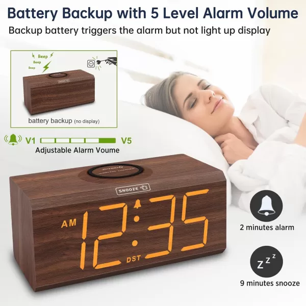 DreamSky Wooden Digital Alarm Clock with Wireless Charging for Bedroom Bedside Nightstand Clock with Charger Station USB Port Large Numbers Adjustable Volume Brightness Dimmer DSTBrown