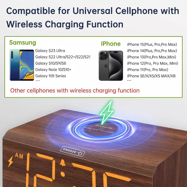 DreamSky Wooden Digital Alarm Clock with Wireless Charging for Bedroom Bedside Nightstand Clock with Charger Station USB Port Large Numbers Adjustable Volume Brightness Dimmer DSTBrown