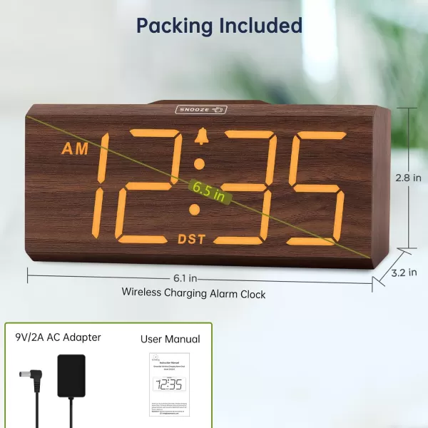 DreamSky Wooden Digital Alarm Clock with Wireless Charging for Bedroom Bedside Nightstand Clock with Charger Station USB Port Large Numbers Adjustable Volume Brightness Dimmer DSTBrown