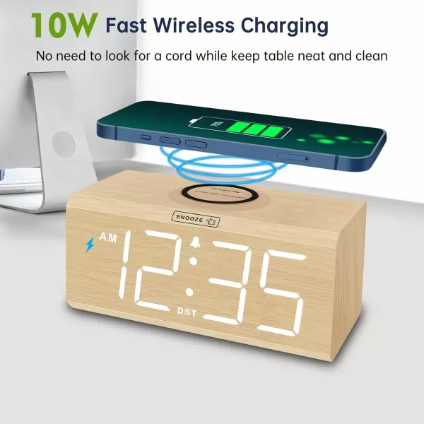 DreamSky Wooden Digital Alarm Clock with Wireless Charging for Bedroom Bedside Nightstand Clock with Charger Station USB Port Large Numbers Adjustable Volume Brightness Dimmer DSTBamboo