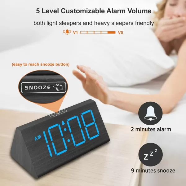 DreamSky Wooden Digital Alarm Clocks for Bedrooms  Electric Desk Clock with Large Numbers USB Port Battery Backup Alarm Adjustable Volume Dimmer Snooze DST Wood Dcor 1224H BlueBlackblue