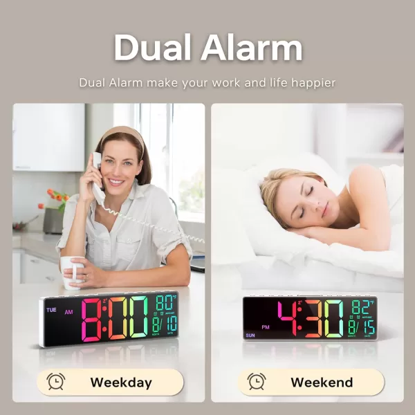 JALL 105 Digital Large Alarm Clock with 8in1 RGB Colors Date Month Temperature LED Display Auto DST Modern Decor Design for Desk Wall Living Room Bedroom Gift Yougster and ElderlyWhite