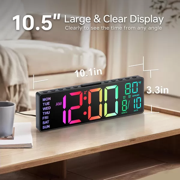 JALL 105 Digital Large Alarm Clock with 8in1 RGB Colors Date Month Temperature LED Display Auto DST Modern Decor Design for Desk Wall Living Room Bedroom Gift Yougster and ElderlyBlack