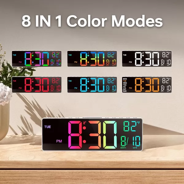 JALL 105 Digital Large Alarm Clock with 8in1 RGB Colors Date Month Temperature LED Display Auto DST Modern Decor Design for Desk Wall Living Room Bedroom Gift Yougster and ElderlyWhite