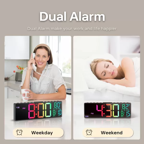 JALL 105 Digital Large Alarm Clock with 8in1 RGB Colors Date Month Temperature LED Display Auto DST Modern Decor Design for Desk Wall Living Room Bedroom Gift Yougster and ElderlyBlack