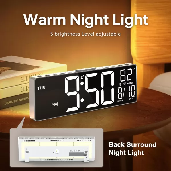 JALL 105 Digital Large Alarm Clock with 8in1 RGB Colors Date Month Temperature LED Display Auto DST Modern Decor Design for Desk Wall Living Room Bedroom Gift Yougster and ElderlyWhite