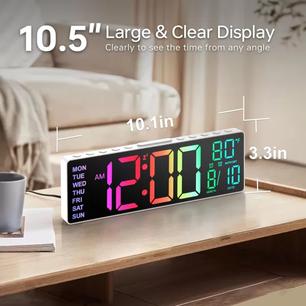 JALL 105 Digital Large Alarm Clock with 8in1 RGB Colors Date Month Temperature LED Display Auto DST Modern Decor Design for Desk Wall Living Room Bedroom Gift Yougster and ElderlyWhite