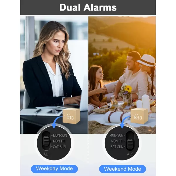 JALL Digital Alarm Clock with Wooden Electronic LED Time Display Dual Alarm 25inch Cubic Small Mini Wood Made Electric Clocks for Bedroom Bedside Desk BlackYellow