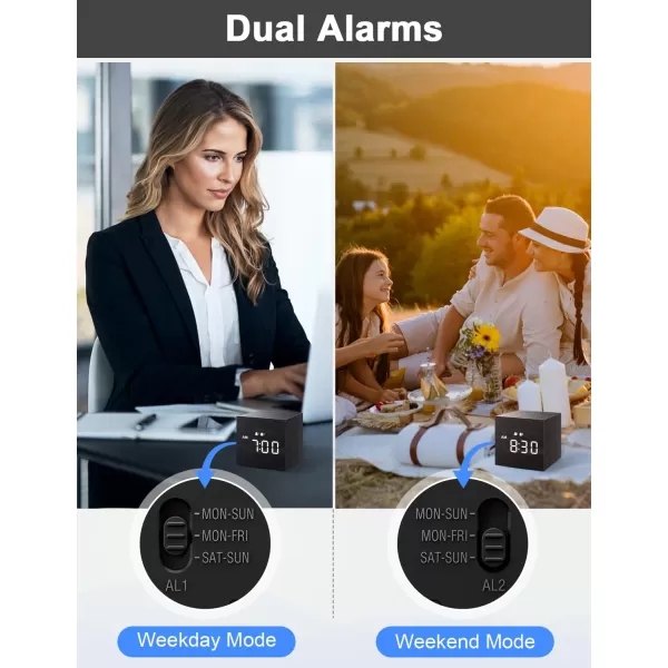 JALL Digital Alarm Clock with Wooden Electronic LED Time Display Dual Alarm 25inch Cubic Small Mini Wood Made Electric Clocks for Bedroom Bedside Desk BlackBlack