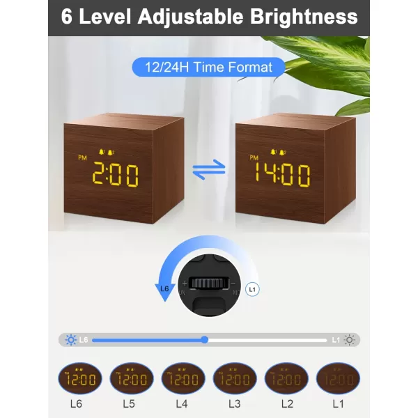 JALL Digital Alarm Clock with Wooden Electronic LED Time Display Dual Alarm 25inch Cubic Small Mini Wood Made Electric Clocks for Bedroom Bedside Desk BlackBrown