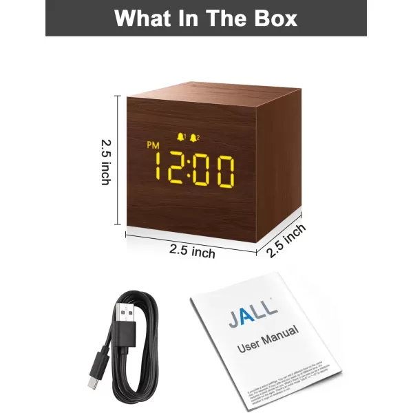 JALL Digital Alarm Clock with Wooden Electronic LED Time Display Dual Alarm 25inch Cubic Small Mini Wood Made Electric Clocks for Bedroom Bedside Desk BlackBrown