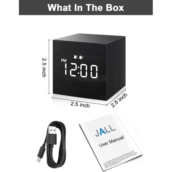 JALL Digital Alarm Clock with Wooden Electronic LED Time Display Dual Alarm 25inch Cubic Small Mini Wood Made Electric Clocks for Bedroom Bedside Desk BlackBlack