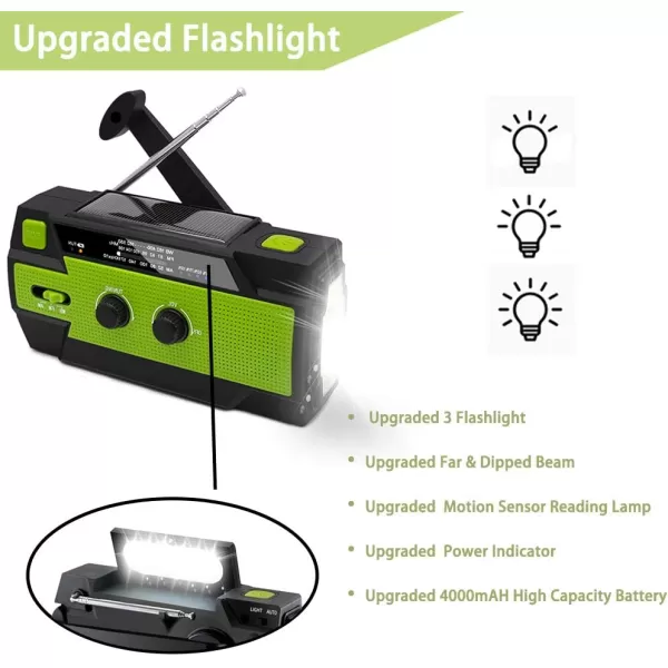 Upgraded Emergency Weather Radio Hand Crank 4000mAH Portable Solar Charging with AMFMNOAA 3 LED Flashlights Motion Sensor Reading Lamp SOS Alarm Rechargeable GreenGreen