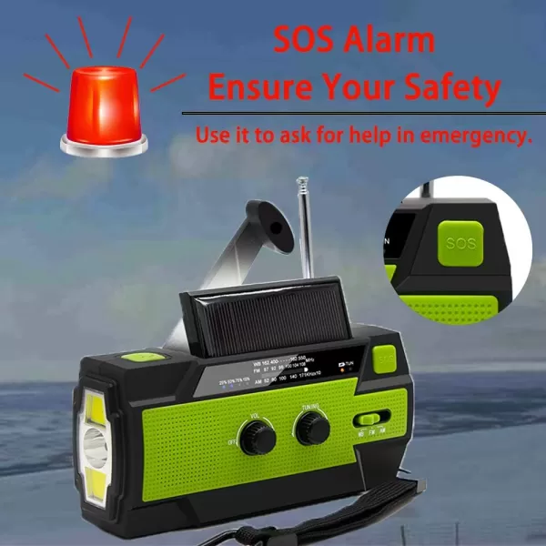 Upgraded Emergency Weather Radio Hand Crank 4000mAH Portable Solar Charging with AMFMNOAA 3 LED Flashlights Motion Sensor Reading Lamp SOS Alarm Rechargeable GreenGreen