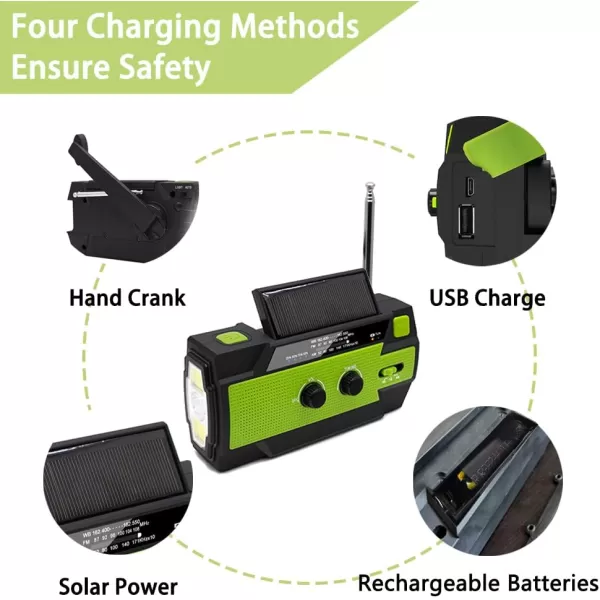 Upgraded Emergency Weather Radio Hand Crank 4000mAH Portable Solar Charging with AMFMNOAA 3 LED Flashlights Motion Sensor Reading Lamp SOS Alarm Rechargeable GreenGreen