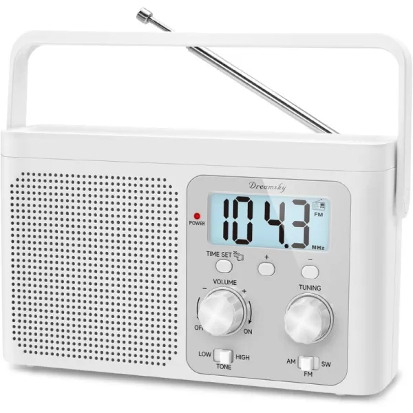 DreamSky AM FM Radio Portable  Shortwave Radio Battery Powered or Plug in Wall for Home Outdoor Strong Reception Large Dial Easy to Use Digital Time Display Transistor Antenna Seniors Small GfitWhite