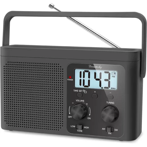 DreamSky AM FM Radio Portable  Shortwave Radio Battery Powered or Plug in Wall for Home Outdoor Strong Reception Large Dial Easy to Use Digital Time Display Transistor Antenna Seniors Small GfitBlack