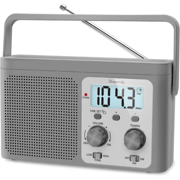 DreamSky AM FM Radio Portable  Shortwave Radio Battery Powered or Plug in Wall for Home Outdoor Strong Reception Large Dial Easy to Use Digital Time Display Transistor Antenna Seniors Small GfitGrey