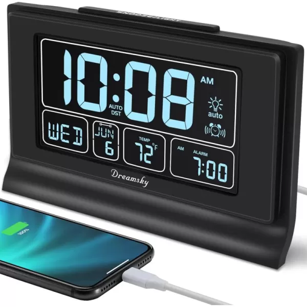 DreamSky Alarm Clocks for Bedrooms with Battery Backup Auto Set Digital Clock with Date and Day of Week Temperature USB Port Auto DST Dimmer 1224HBlack