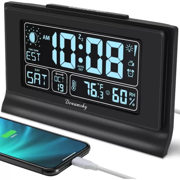 DreamSky Alarm Clocks for Bedrooms with Battery Backup Auto Set Digital Clock with Date and Day of Week Temperature USB Port Auto DST Dimmer 1224HBlackhumidity  Moon Phase