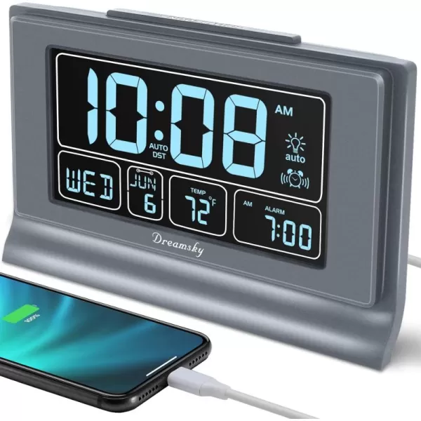 DreamSky Alarm Clocks for Bedrooms with Battery Backup Auto Set Digital Clock with Date and Day of Week Temperature USB Port Auto DST Dimmer 1224HGray