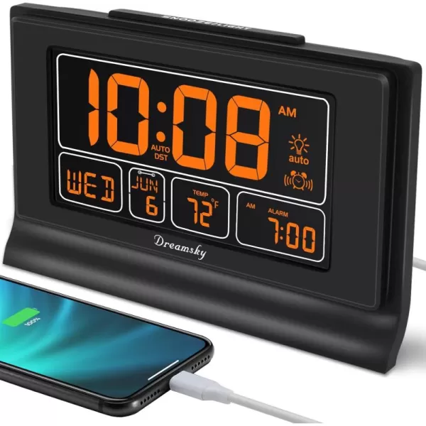 DreamSky Alarm Clocks for Bedrooms with Battery Backup Auto Set Digital Clock with Date and Day of Week Temperature USB Port Auto DST Dimmer 1224HOrange