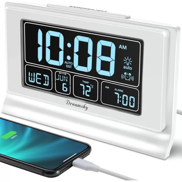 DreamSky Alarm Clocks for Bedrooms with Battery Backup Auto Set Digital Clock with Date and Day of Week Temperature USB Port Auto DST Dimmer 1224HWhite