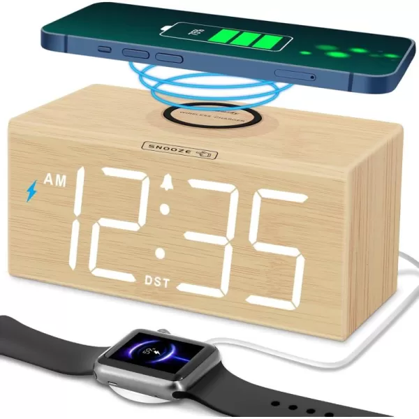 DreamSky Wooden Digital Alarm Clock with Wireless Charging for Bedroom Bedside Nightstand Clock with Charger Station USB Port Large Numbers Adjustable Volume Brightness Dimmer DSTBamboo