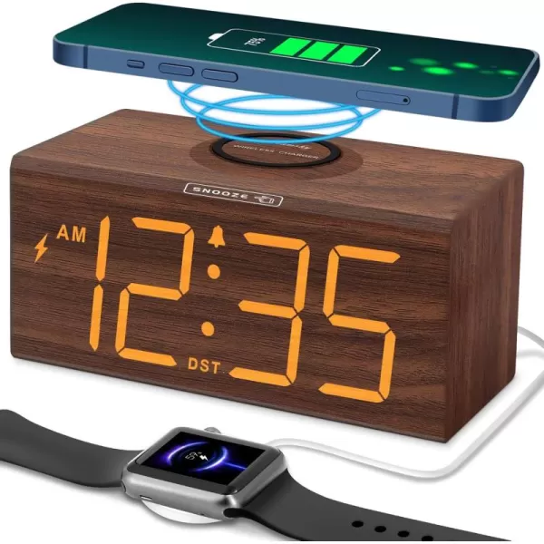 DreamSky Wooden Digital Alarm Clock with Wireless Charging for Bedroom Bedside Nightstand Clock with Charger Station USB Port Large Numbers Adjustable Volume Brightness Dimmer DSTBrown