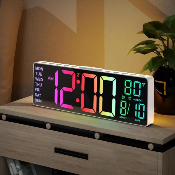 JALL 105 Digital Large Alarm Clock with 8in1 RGB Colors Date Month Temperature LED Display Auto DST Modern Decor Design for Desk Wall Living Room Bedroom Gift Yougster and ElderlyWhite