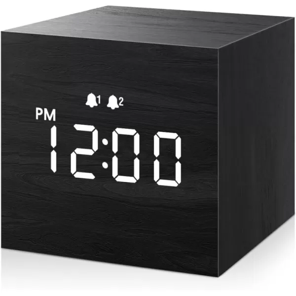 JALL Digital Alarm Clock with Wooden Electronic LED Time Display Dual Alarm 25inch Cubic Small Mini Wood Made Electric Clocks for Bedroom Bedside Desk BlackBlack