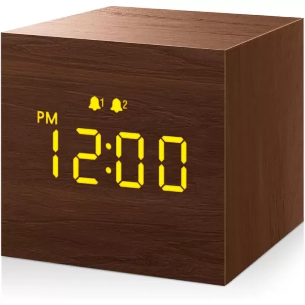 JALL Digital Alarm Clock with Wooden Electronic LED Time Display Dual Alarm 25inch Cubic Small Mini Wood Made Electric Clocks for Bedroom Bedside Desk BlackBrown