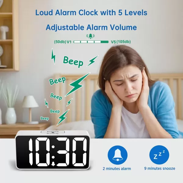 DreamSky Super Loud Alarm Clock for Heavy Sleepers  RGB Small Digital Clock for Kids Bedroom Bedside Nightstand Electric Desk Clock with Large Numbers Dimmer Adjustable Volume USB Port SnoozeRgbwhite