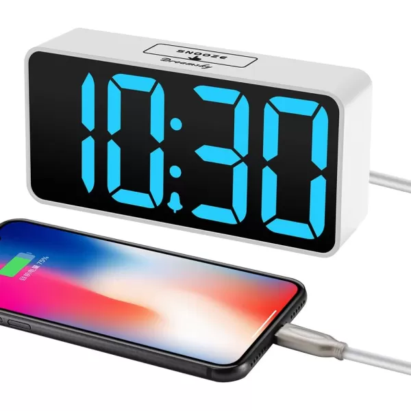 DreamSky Super Loud Alarm Clock for Heavy Sleepers  RGB Small Digital Clock for Kids Bedroom Bedside Nightstand Electric Desk Clock with Large Numbers Dimmer Adjustable Volume USB Port SnoozeWhite Caseblue Digit