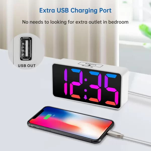 DreamSky Super Loud Alarm Clock for Heavy Sleepers  RGB Small Digital Clock for Kids Bedroom Bedside Nightstand Electric Desk Clock with Large Numbers Dimmer Adjustable Volume USB Port SnoozeRgbwhite