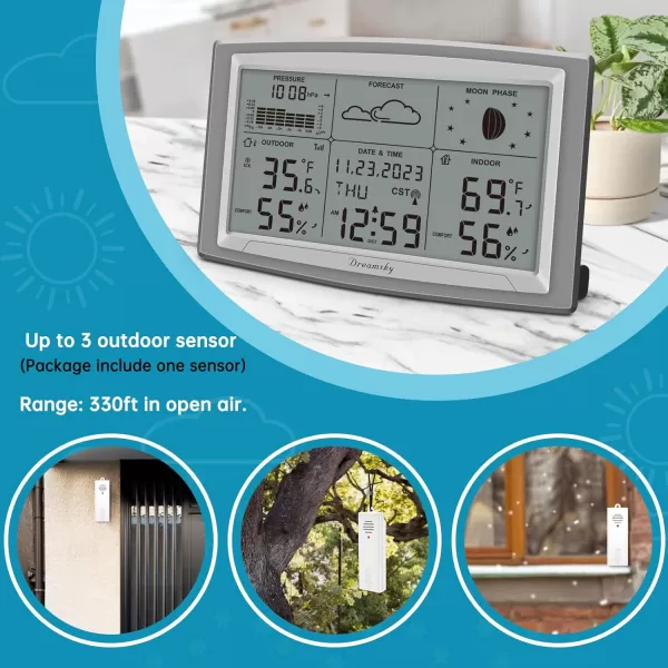 DreamSky Battery Powered Weather Station with Indoor Outdoor Thermometer Wireless for Home 125 Inches Large Digital Atomic Clock with IndoorOutdoor Temp Humidity Calendar Date