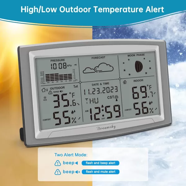 DreamSky Battery Powered Weather Station with Indoor Outdoor Thermometer Wireless for Home 125 Inches Large Digital Atomic Clock with IndoorOutdoor Temp Humidity Calendar Date