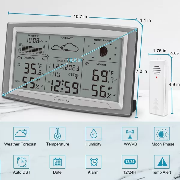 DreamSky Battery Powered Weather Station with Indoor Outdoor Thermometer Wireless for Home 125 Inches Large Digital Atomic Clock with IndoorOutdoor Temp Humidity Calendar Date
