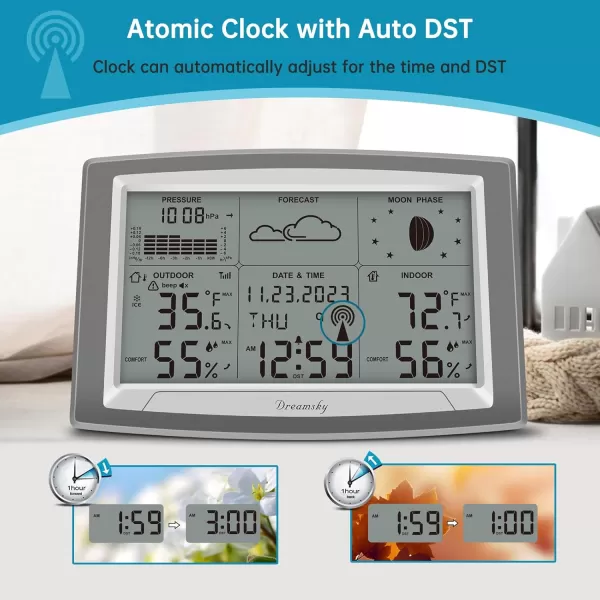 DreamSky Battery Powered Weather Station with Indoor Outdoor Thermometer Wireless for Home 125 Inches Large Digital Atomic Clock with IndoorOutdoor Temp Humidity Calendar Date