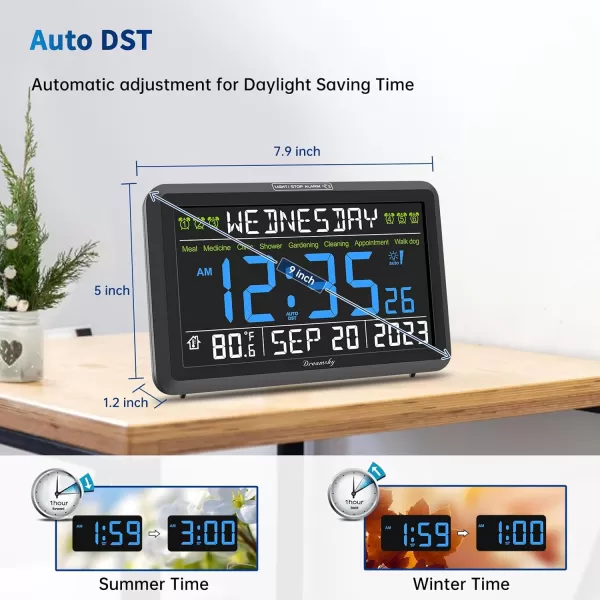 DreamSky Digital Clock with Date and Day of Week  Large Calendar Clock for Seniors Elderly Loud Alarm Clock for Bedroom Desk Backlight Dimmer Adjustable Volume USB Port Auto DST Battery Backup