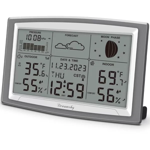 DreamSky Battery Powered Weather Station with Indoor Outdoor Thermometer Wireless for Home 125 Inches Large Digital Atomic Clock with IndoorOutdoor Temp Humidity Calendar Date