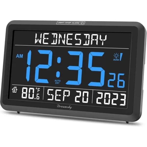 DreamSky Digital Clock with Date and Day of Week  Large Calendar Clock for Seniors Elderly Loud Alarm Clock for Bedroom Desk Backlight Dimmer Adjustable Volume USB Port Auto DST Battery Backup