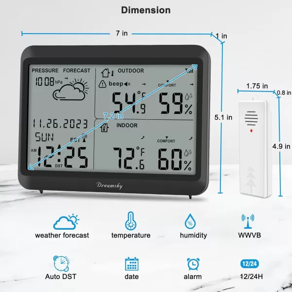 DreamSky Weather Station Indoor Outdoor Thermometer Wireless  Atomic Clock with IndoorOutdoor Temp Date ampamp Day Battery Powered Home Weather Forecast Clock with Inside Outside Temperature HumidityBlack