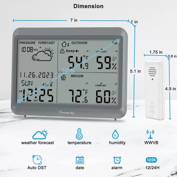 DreamSky Weather Station Indoor Outdoor Thermometer Wireless  Atomic Clock with IndoorOutdoor Temp Date ampamp Day Battery Powered Home Weather Forecast Clock with Inside Outside Temperature HumidityGrey