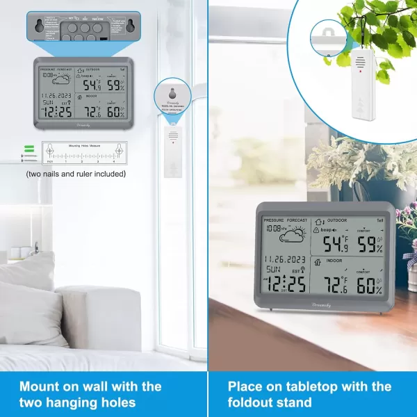 DreamSky Weather Station Indoor Outdoor Thermometer Wireless  Atomic Clock with IndoorOutdoor Temp Date ampamp Day Battery Powered Home Weather Forecast Clock with Inside Outside Temperature HumidityGrey