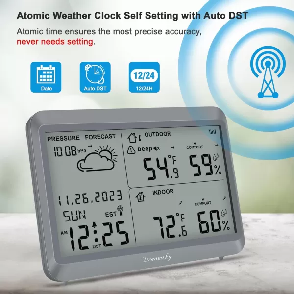 DreamSky Weather Station Indoor Outdoor Thermometer Wireless  Atomic Clock with IndoorOutdoor Temp Date ampamp Day Battery Powered Home Weather Forecast Clock with Inside Outside Temperature HumidityGrey